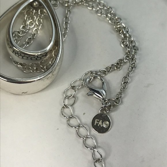 Double TEAR DROP Pebble Pendant Silver tone chain SIGNED FA  Necklace 18" - Picture 5 of 5